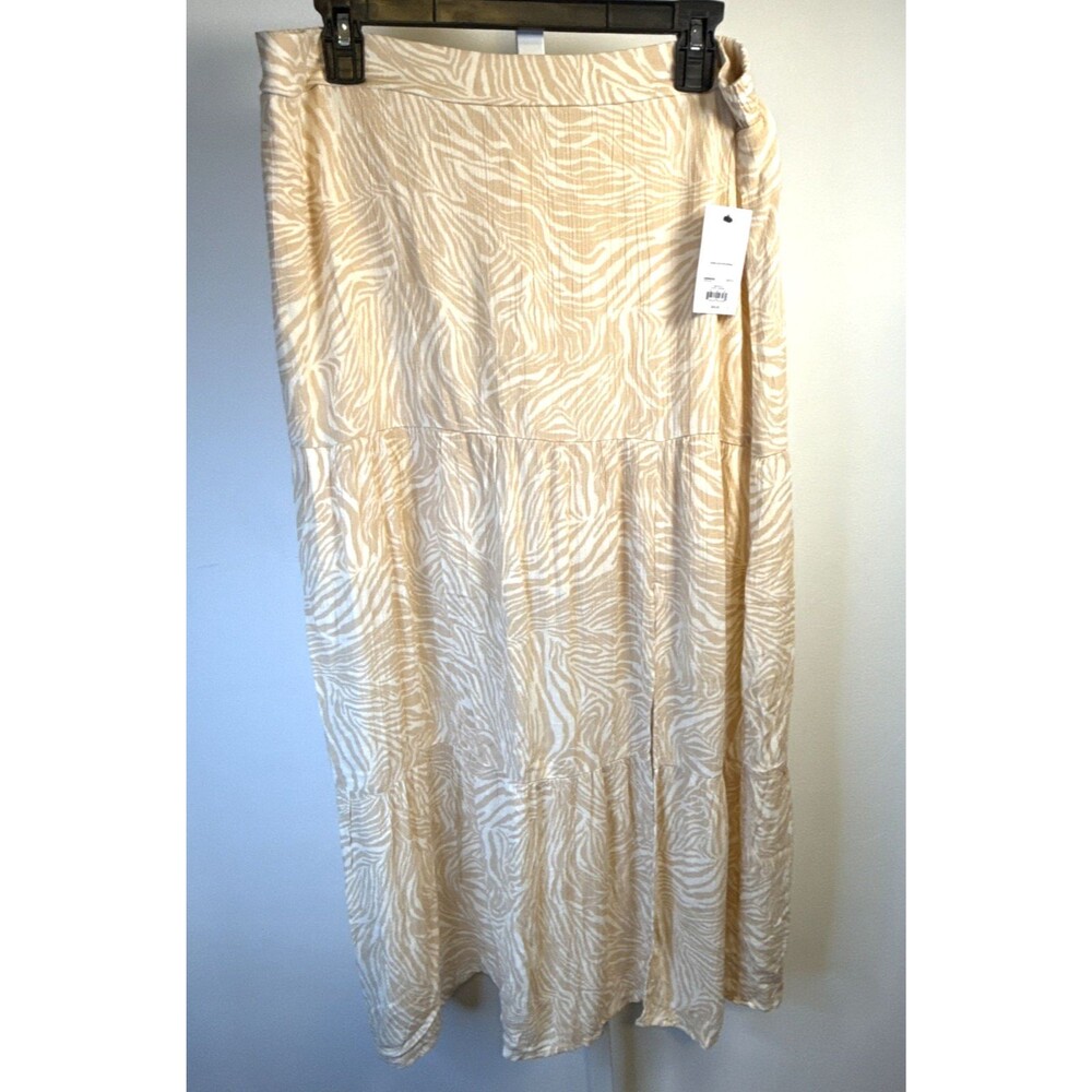 Nine West Cream Zebra Print Pull On Maxi Skirt XL Crinkle Boho Coastal Garden